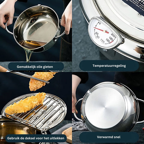 Kleine Frituurpan - Mini Friteuse - Mini Frituurpan - 2,2 Liter -Roestvrij Staal - Japanse frituurpan - met Thermometer - en Deksel Keuken Tempura Frituurpan - Kookpot