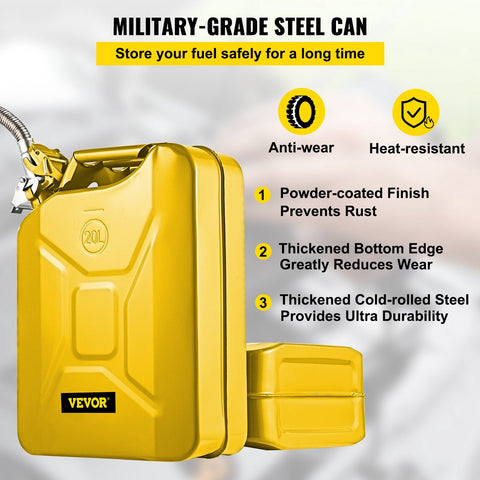 Benzinejerrycan - 0.8 mm Dik Koudgewalst Staal - met Ergonomische Handgrepen - met Flexibele Uitloopauto's - 30 x 15 x 18.5 Inch 20 Liter - Geel