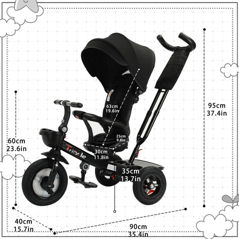 Driewieler "Sep" - Fiets - 6-in-1 - Sterk en Duurzaam - Verbeterd Ontwerp - Zonnescherm - All Terrain Banden - Duwstang - Buggy - Kinderzitje - Tot 5 Jaar - Zwart