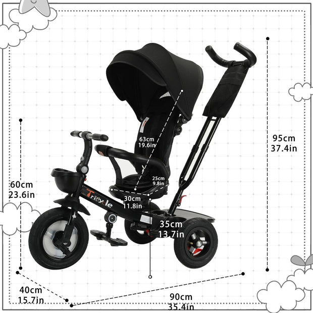 Driewieler "Sep" - Fiets - 6-in-1 - Sterk en Duurzaam - Verbeterd Ontwerp - Zonnescherm - All Terrain Banden - Duwstang - Buggy - Kinderzitje - Tot 5 Jaar - Zwart