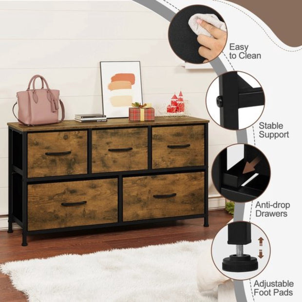 Dressoir Kasten - Dressoir Tv Kast - 5 Lades - Slaapkamer Dressoirs - Kledingkast - Rustiek Bruin met Zwart