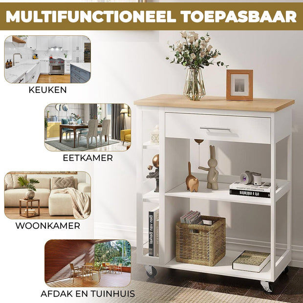 Keuken Trolley Met Werkblad - Keukentrolley op Wieltjes – Met Lade en Open Planken - Inclusief Rem voor de wieltjes - Mobiele Kruideniers Kast / Opbergrek - Wit