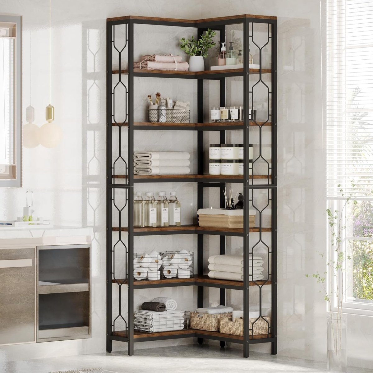 Boekenkast - Hoek Boekenkast met 7 Planken - Industrieel - Spaanplaat - Bruin/Zwart - 60 x 60 x 200 cm