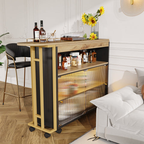 Uitschuifbare Bartafel met Opbergruimte - Moderne Verplaatsbare Bartafel - Telescopische Bartafel met LED - Bartafel - Bistrotafel - Hoge Tafel - Kookeiland - Bistrotafel - (138-204×39×105cm) - Zwart & Goud