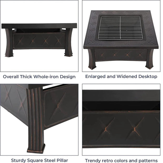 BBQ - Grill Apparaat - Vuurkorf - Vuurschaal - Met Kookrooster - Met Vonkscherm - Met Poker Haak en Opvangbak - Tuinhaard - Kookplaat - Vierkant - Zwart - 81x81x34.5CM