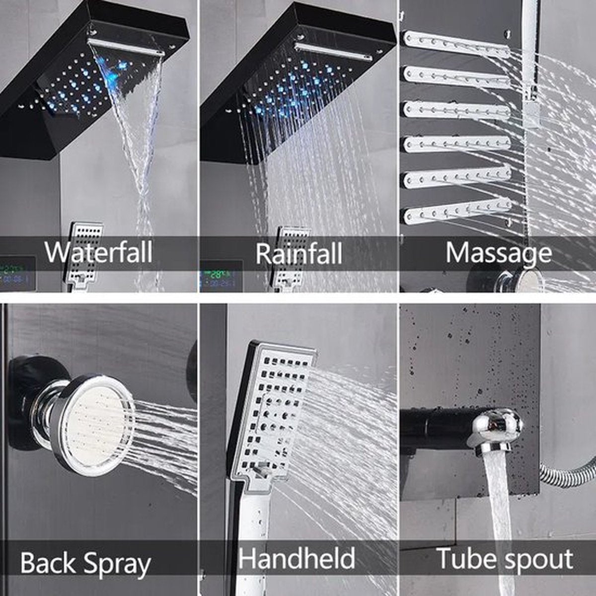Badkamer Douchekraan - Panel Systemen - Douchekop Regendouche - Mengkraan Douche - LED-Licht Douchepaneel - Waterval Regendouchekop - SPA-Massagejets - Douchekolomtoren - Digitale Watertemperatuurweergave - Zwart