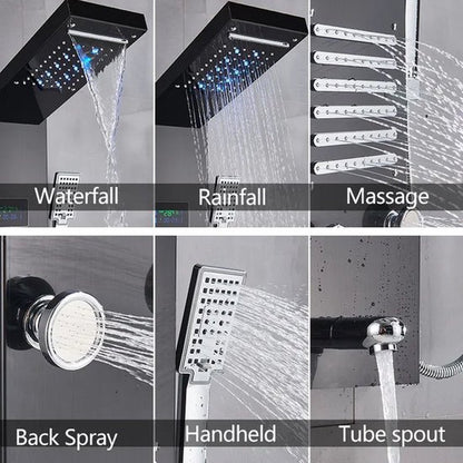 Badkamer Douchekraan - Panel Systemen - Douchekop Regendouche - Mengkraan Douche - LED-Licht Douchepaneel - Waterval Regendouchekop - SPA-Massagejets - Douchekolomtoren - Digitale Watertemperatuurweergave - Zwart