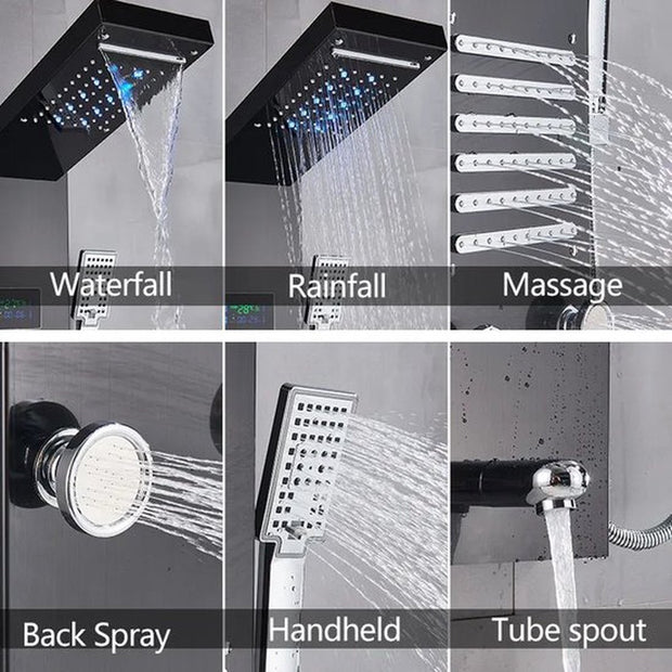 Badkamer Douchekraan - Panel Systemen - Douchekop Regendouche - Mengkraan Douche - LED-Licht Douchepaneel - Waterval Regendouchekop - SPA-Massagejets - Douchekolomtoren - Digitale Watertemperatuurweergave - Zwart