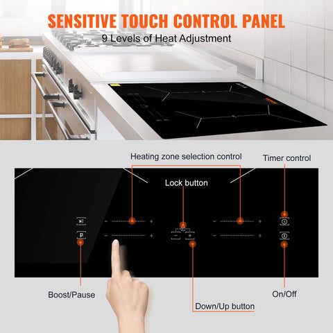 Inductiekookplaat - 6800W - 4 Kookzones - Touchscreen met 9 Verwarmingsniveaus - Geschikt voor Professionele Keukens en Huishoudens - Zonder Stekker - Zwart