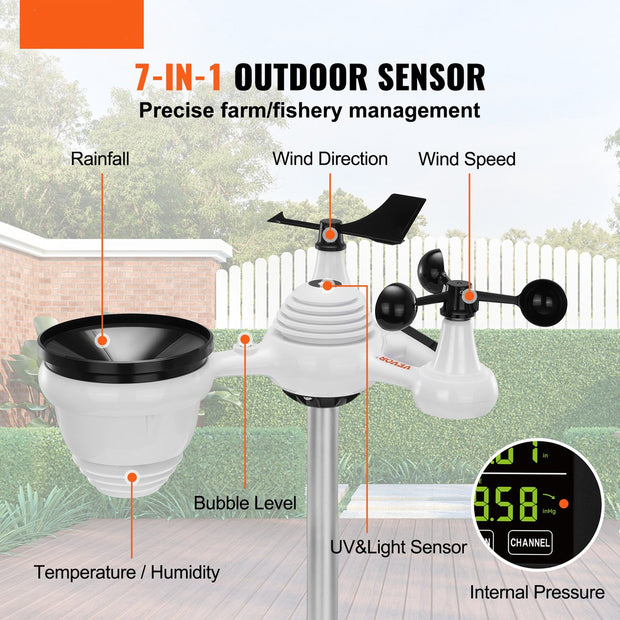 Weerstation - Draadloos - 7-in-1 Weerstation Met Buitensensor - 7,5" - Kleurendisplay - RCC Atoomklok - Wit