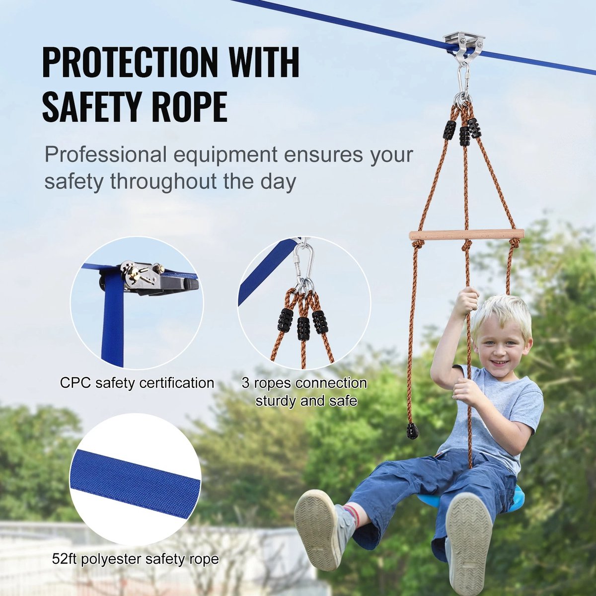 Kabelbaan - Zipline met schommel - Kabelbaan voor kinderen - DIY kabelbaan - Makkelijk te installeren - 20 meter