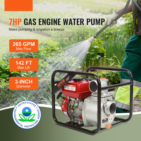 Benzinemotor Waterpomp - Maximale Stroom 265 GPM - 7 PK - Maximale Lift 43m - Gietijzeren Waaier - 7,5m Uitlaatslang - Geschikt voor Irrigatie - Inclusief Accessoires en Schokpads - Rood & Zwart