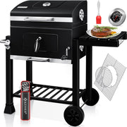 Grillwagen - trolley XL houtskoolbarbecue met deksel - wielen roestvrijstalen handgreep grillrooster en thermometer - ‎45 x 115 x 105 cm - Zwart