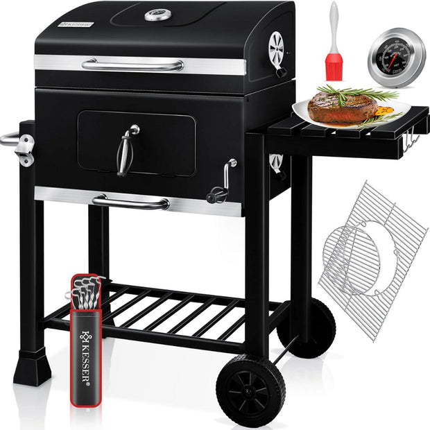 Grillwagen - trolley XL houtskoolbarbecue met deksel - wielen roestvrijstalen handgreep grillrooster en thermometer - ‎45 x 115 x 105 cm - Zwart