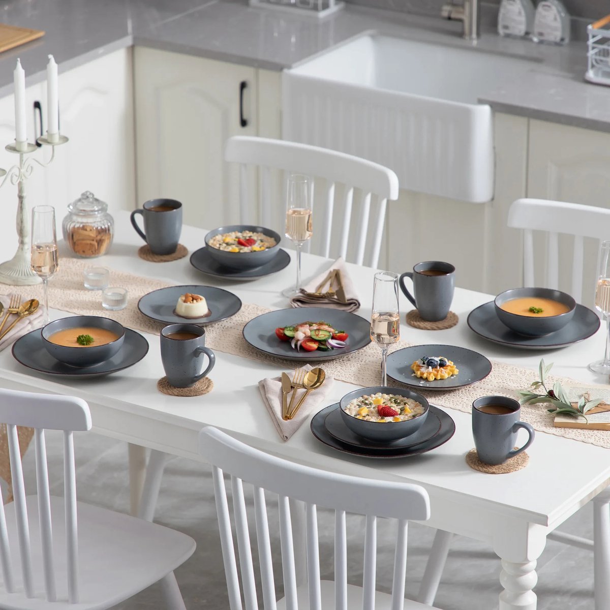 Luxe Serviesset – 32 delig – 8 persoons – Porselein - Bordenset – Dinner platen – Dessertborden - Kommen - Mokken - Schaaltjes -Grijs