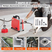 Afvoerreiniger - 250W Motor - 20m Staalkabel - 7 Verwisselbare Snijmessen - Handmatige Voeding - Duurzaam en Robuust - Effectieve Verwijdering van Verstoppingen - Geschikt voor Huishoudens en Bedrijven - Rood
