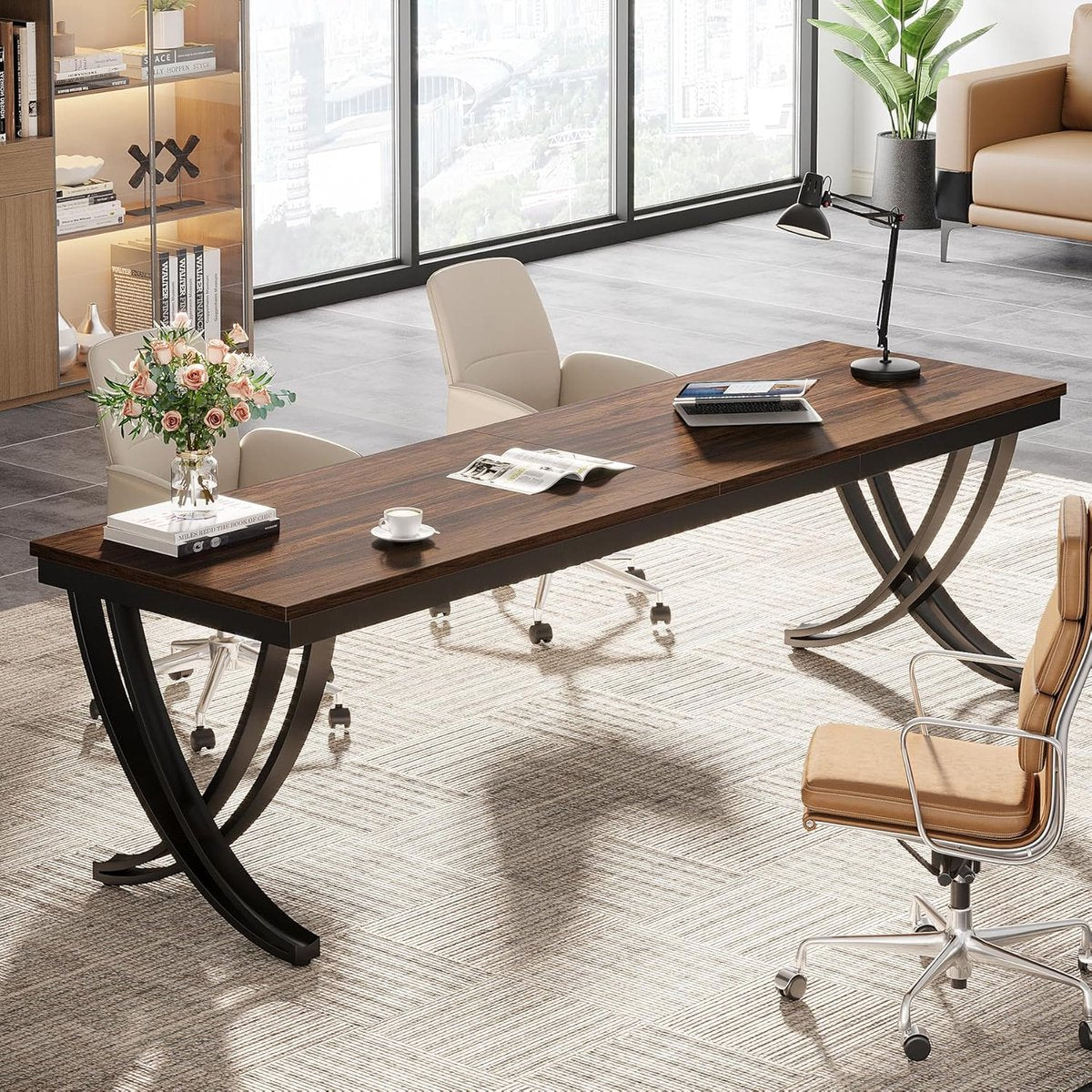 Bureau - Dubbel Lang Bureau - Computerbureau - Computer Tafel - Bureautafel - Bruin en Zwart - 200 x 70 x 75 cm - QUORE