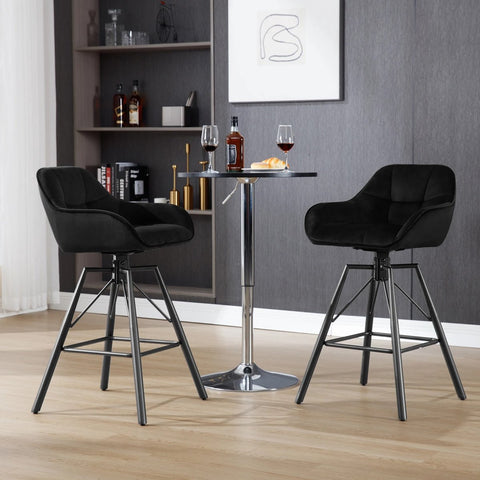 Set of 2 Luxury Velvet Bar Stools - 360° Rotatability - Ergonomic Backrest and Footrest - High - Black