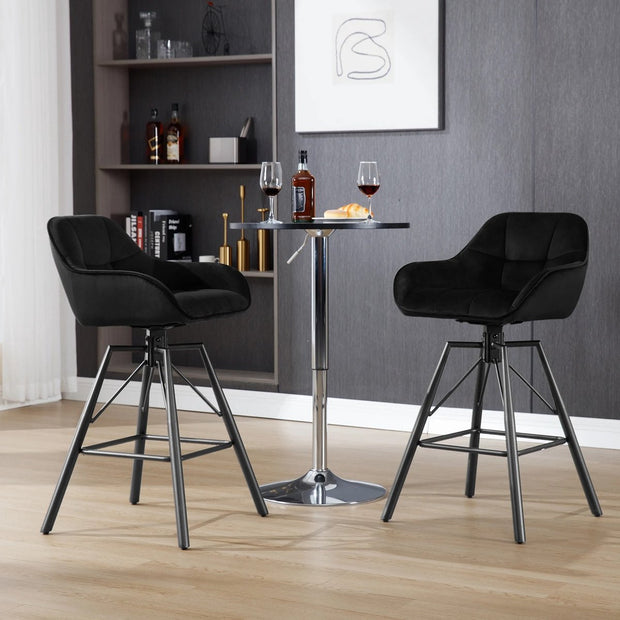 Set of 2 Luxury Velvet Bar Stools - 360° Rotatability - Ergonomic Backrest and Footrest - High - Black