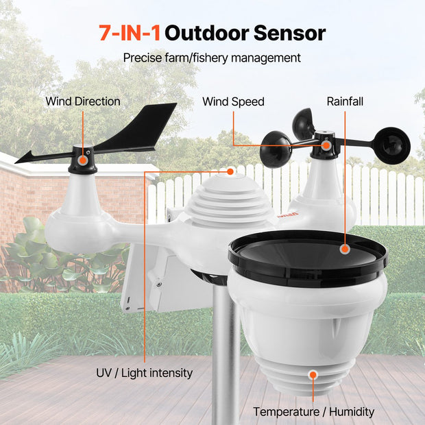 Weerstation - 7-in-1 - Draadloos - Weerstation Met 186 mm TFT -Scherm en Draadloze Buitensensor - Waterdicht (IPX6) - Wit