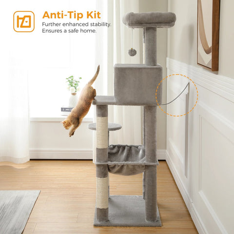 Multilevel Kattenboom - 5 verdiepingen - Inclusief Hangmat - Met Krabpalen en leuk speeltje - Voor grote katten - Grijs