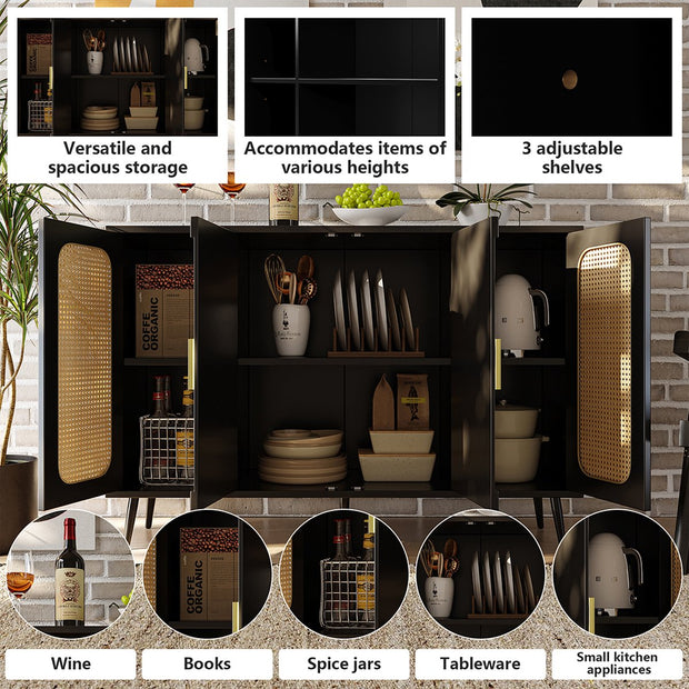 Sideboard Buffet Cabinet Hall Cabinet with storage space and blister doors rattan wooden for kitchen and living room Black