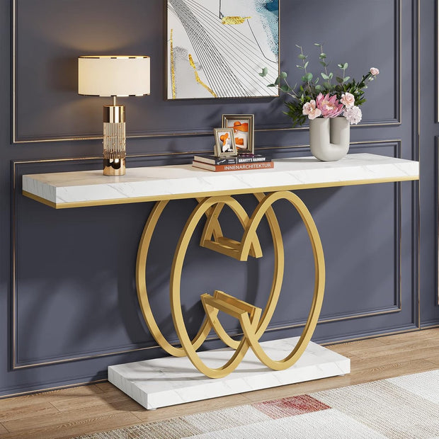 Moderne Console Tafel - Dressoirtafel met Geometrische Metalen Poten - Bijzettafel - Nep-Marmer Metaal - Wit en Goud - 140 x 35 x 80 cm