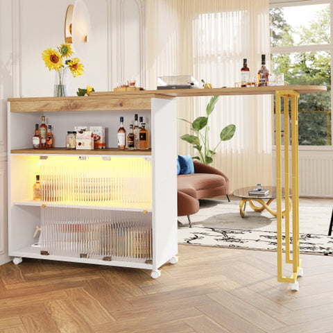 Uitschuifbare Bartafel met Opbergruimte - Moderne Verplaatsbare Bartafel - Telescopische Bartafel met LED - Bartafel - Bistrotafel - Hoge Tafel - Kookeiland - Bistrotafel - (138-204×39×105cm) - Wit & Goud
