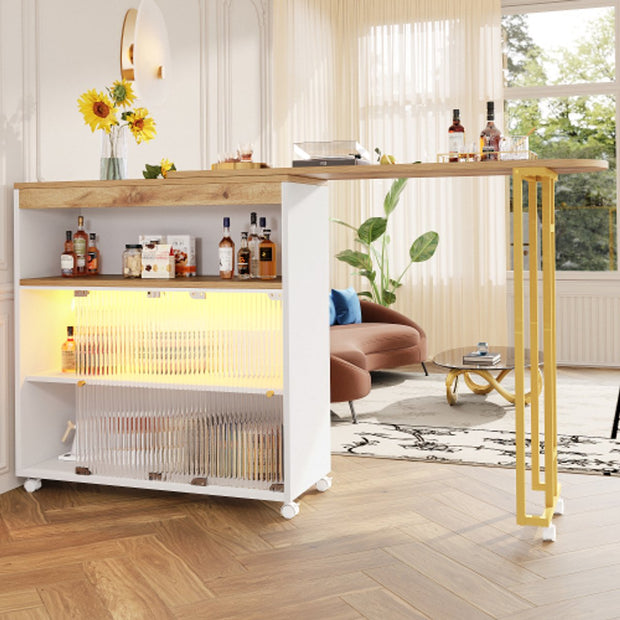 Uitschuifbare Bartafel met Opbergruimte - Moderne Verplaatsbare Bartafel - Telescopische Bartafel met LED - Bartafel - Bistrotafel - Hoge Tafel - Kookeiland - Bistrotafel - (138-204×39×105cm) - Wit & Goud