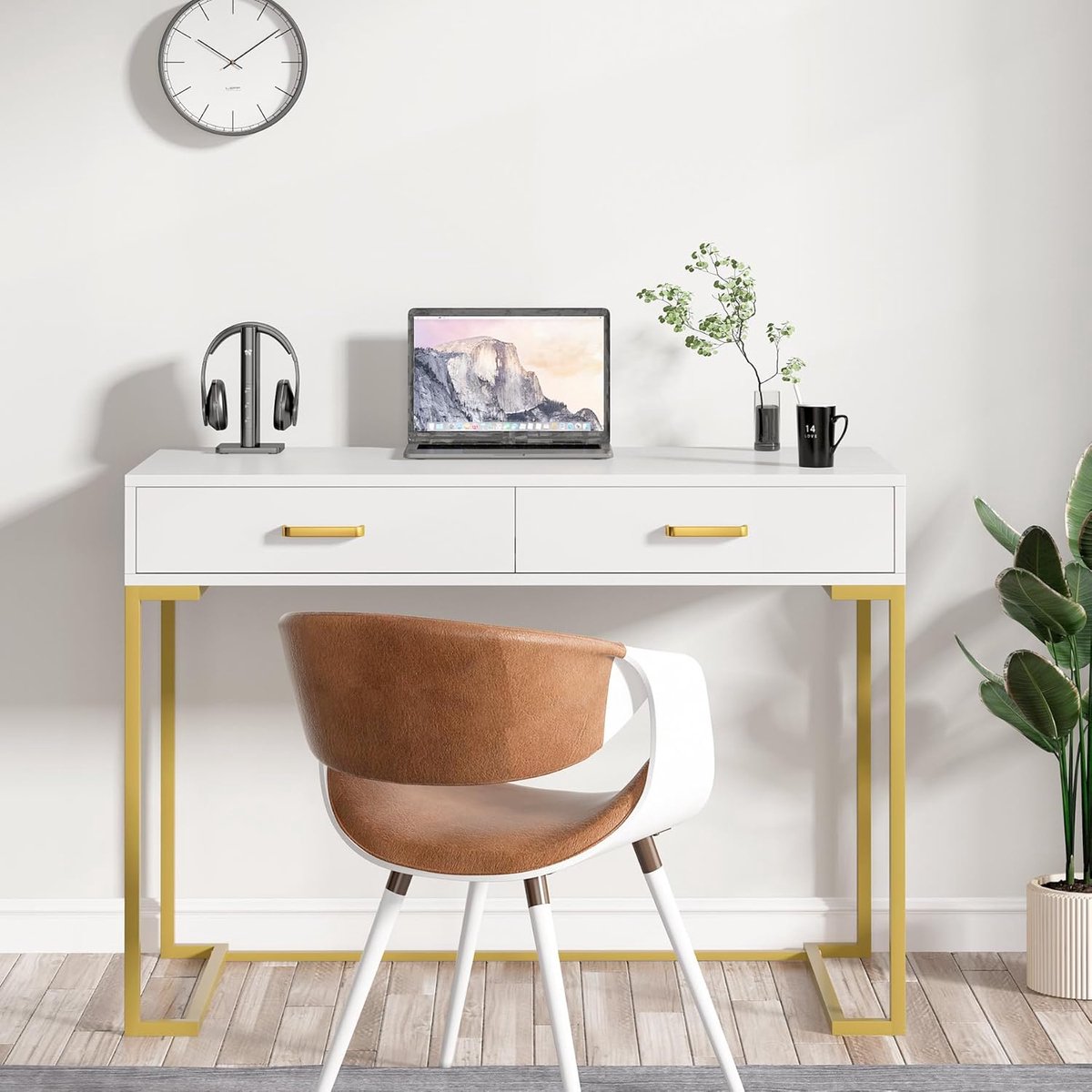 Computer Bureau - Bureau Werkstation met 2 laden, Eenvoudig en Modern Thuiskantoor - Rechthoekig - Wit en Goud
