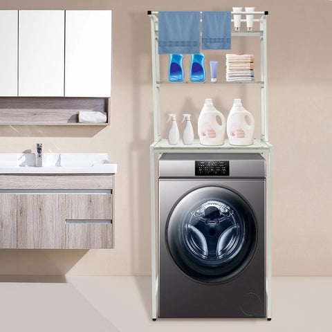 3-Lagen Wasmachine en Droger Opbergplank - Badkamer Organizer - Opbergrek - Wasruimte Rek - Ruimtebesparend Rek - Duurzaam MDF en IJzer - Hoog Draagvermogen - 3 Kleuren Beschikbaar - Makkelijk te Monteren