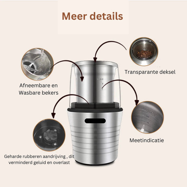 Hakmolen Electrisch -  2-in-1 - Nat en droog - Gehaktmolen - Vleesmolen - Food Processor - Keukenmixer - Elektrisch - 300W  - Roestvrijstalen Behuizing en Maalbladen - Grijs