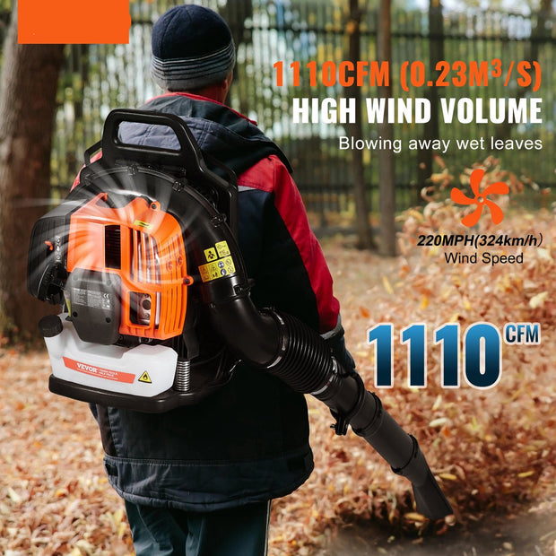 Bladblazer Rugzak - 62 CC 2-takt - 1110 CFM - Luchtvolume - Snelheid van 350 km/u - 6500 rpm - Capaciteit Brandstoftank 1.89 L - voor het Verwijderen van Vuil op Erven - Tuinen, Landschappen en Buitenpaden