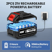 Pressure Washer - High Pressure Sprayer - 3 Gears - Cordless - Full Set - Foam Spray - 6in1 Adjustable Nozzle - 5meter Hose - 5 Accessories - 2x Battery Included - 60Bar - 10L/M - 10meter Range - 21V Battery - Black