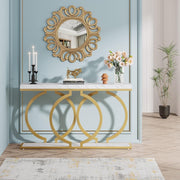 Consoletafel - Sidetable - met O-vormige Gouden Metalen Poten - Haltafel - Wandtafel - 140x30x80 cm - Goud en Wit - Metaal en Hout - Modern - Console Tafel
