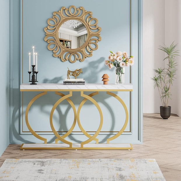 Consoletafel - Sidetable - met O-vormige Gouden Metalen Poten - Haltafel - Wandtafel - 140x30x80 cm - Goud en Wit - Metaal en Hout - Modern - Console Tafel