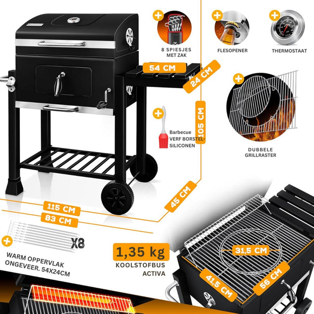 Grillwagen - trolley XL houtskoolbarbecue met deksel - wielen roestvrijstalen handgreep grillrooster en thermometer - ‎45 x 115 x 105 cm - Zwart