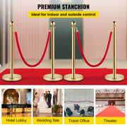 Afzetpaaltjes Crowd Control Stanchion Barrières - 1,5 m - Afzetpalen Voor Menigtecontrole - RVS Bolders - Goud Staanders - Fluwelen Touwen - 4 Stuks - Rood