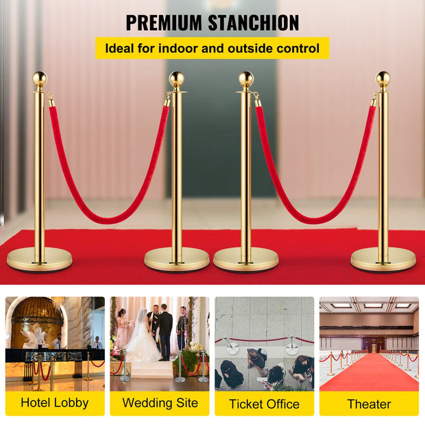Afzetpaaltjes Crowd Control Stanchion Barrières - 1,5 m - Afzetpalen Voor Menigtecontrole - RVS Bolders - Goud Staanders - Fluwelen Touwen - 4 Stuks - Rood