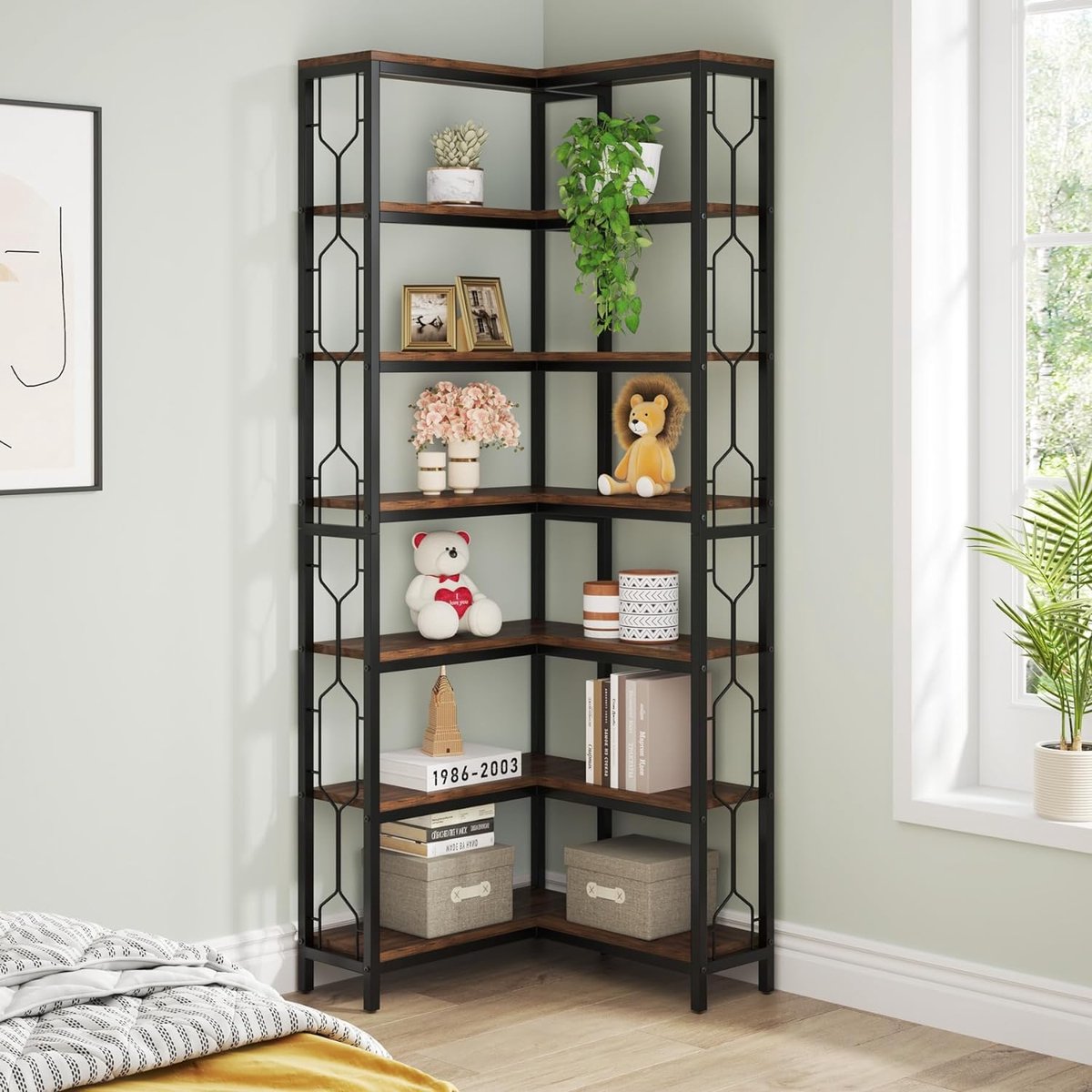 Boekenkast - Hoek Boekenkast met 7 Planken - Industrieel - Spaanplaat - Bruin/Zwart - 60 x 60 x 200 cm