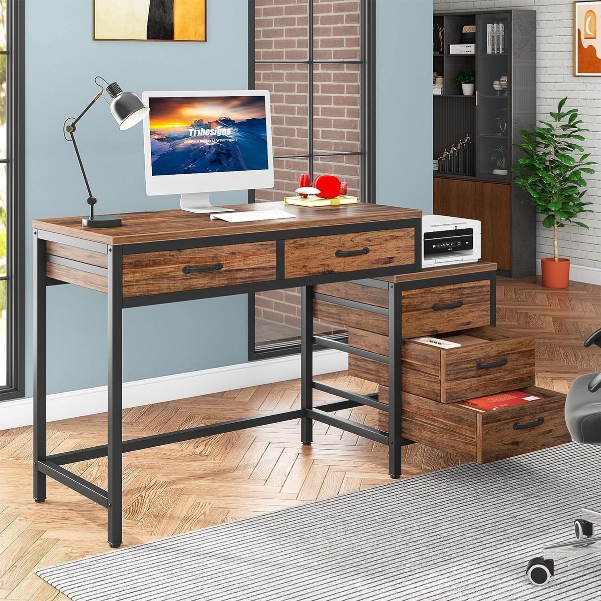 Bureau - Bureau met 5 Schakelbare Ladekast - Computerbureau - Computer Tafel - Bureautafel Bruin - 130 x 45 x 82 cm