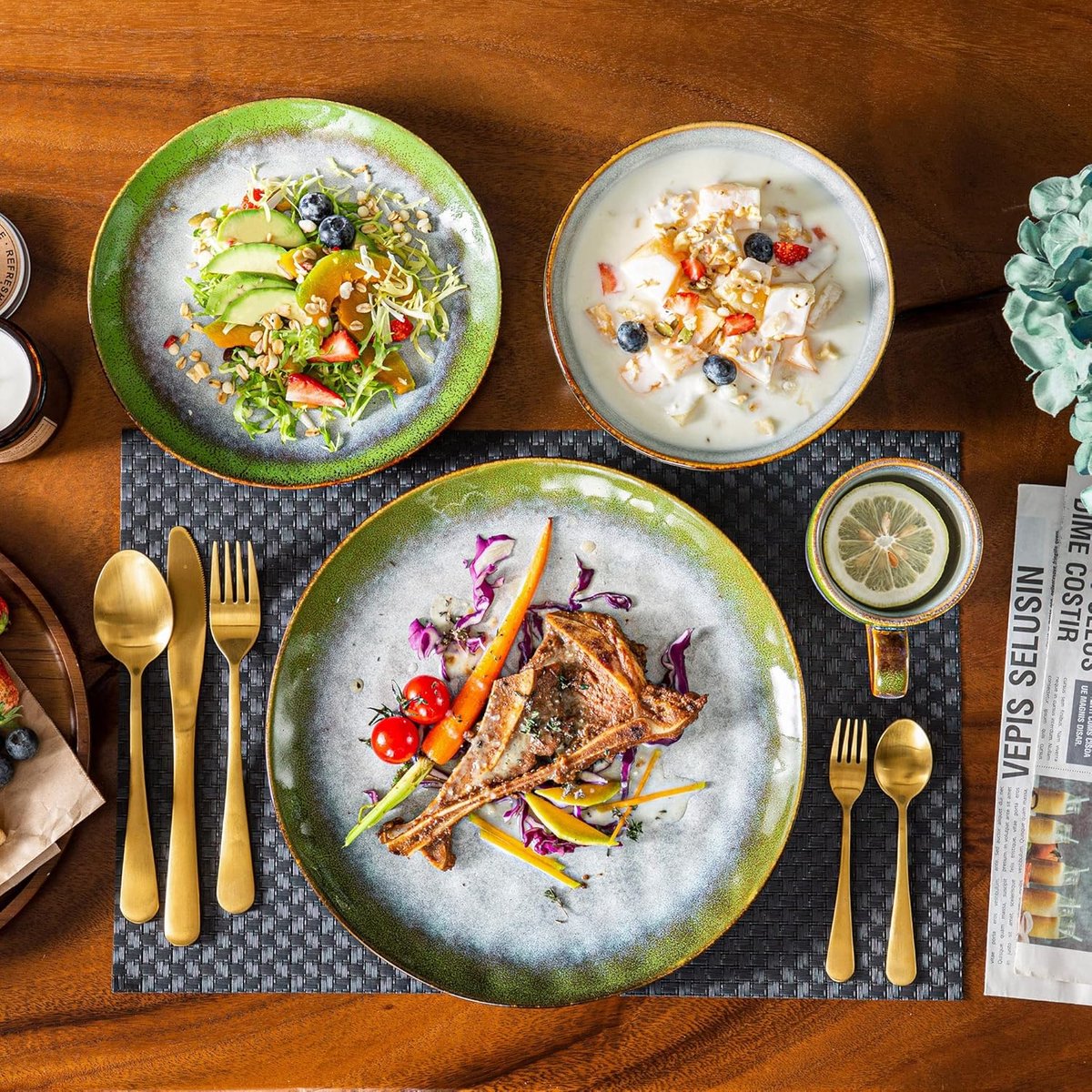 Luxe Serviesset – 32 delig – 8 persoons – Porselein - Bordenset – Dinner platen – Dessertborden - Kommen - Schaaltjes - Groen