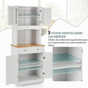 Keukenkast hoog, 170 cm buffetkast hout, hoge kast met 2 laden & verstelbare planken & glazen deuren & draadgat, keukenbuffet vrijstaand, buffet voor keuken eetkamer, wit