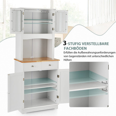 Keukenkast hoog, 170 cm buffetkast hout, hoge kast met 2 laden & verstelbare planken & glazen deuren & draadgat, keukenbuffet vrijstaand, buffet voor keuken eetkamer, wit