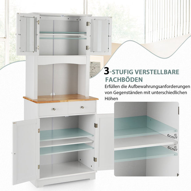 Keukenkast hoog, 170 cm buffetkast hout, hoge kast met 2 laden & verstelbare planken & glazen deuren & draadgat, keukenbuffet vrijstaand, buffet voor keuken eetkamer, wit
