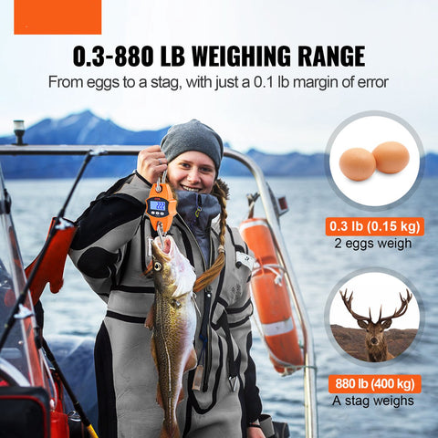 Kraanweegschaal - Nauwkeurige Meting - LCD-scherm - S-haak - 0,05 kg Nauwkeurigheid -0,15 tot 400 kg Capaciteit - voor de Jacht, Visserij, Landbouw, Boogafstemming en Andere Lichte Weegsituaties - Oranje