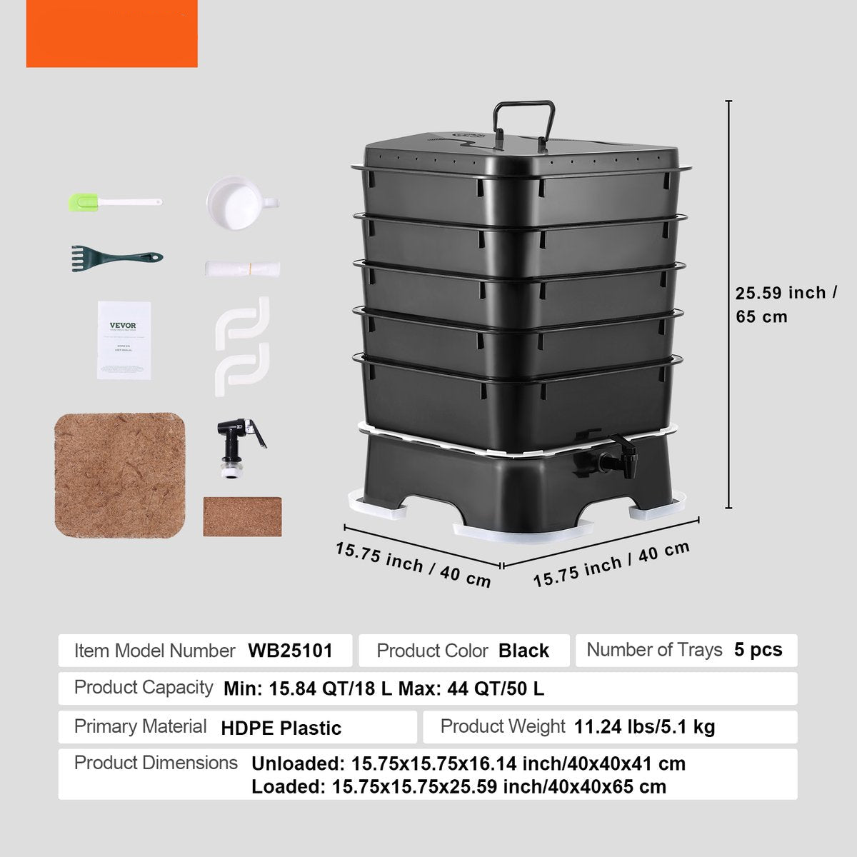 Wormcomposter - HDPE-Materiaal - Robuust en Duurzaam - Grote Capaciteit - Hoge Composteringsefficiëntie - Makkelijke Installatie - 40x40x65cm - 50L - Zwart