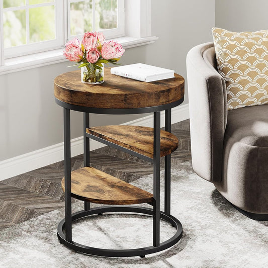 Bijzettafel Ronde - Vintage - Industrieel Design - Nachtkastje met 3 Planken - Bruin - Diameter 50 cm