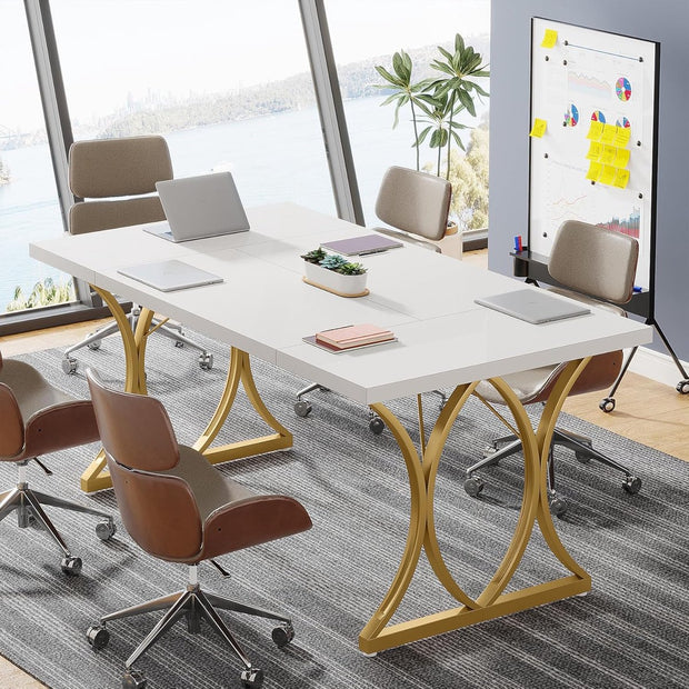 Bureau - Modern Bureau met Gouden Metalen Frame - Computerbureau - Computer Tafel - Bureautafel - Wit en Goud - 159 x 79 x 78 cm