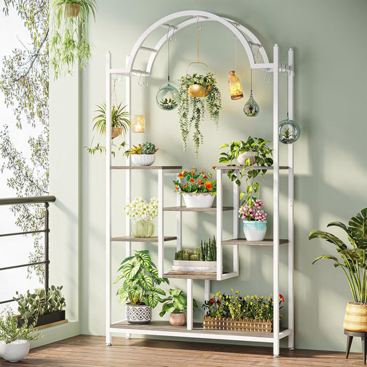Plantenrek - Plantenstandaard - Plantenrek voor Binnen en Buiten - Plantenrek met 5 Niveaus en 8 S-haken - Wit - 100 x 30 x 190 cm
